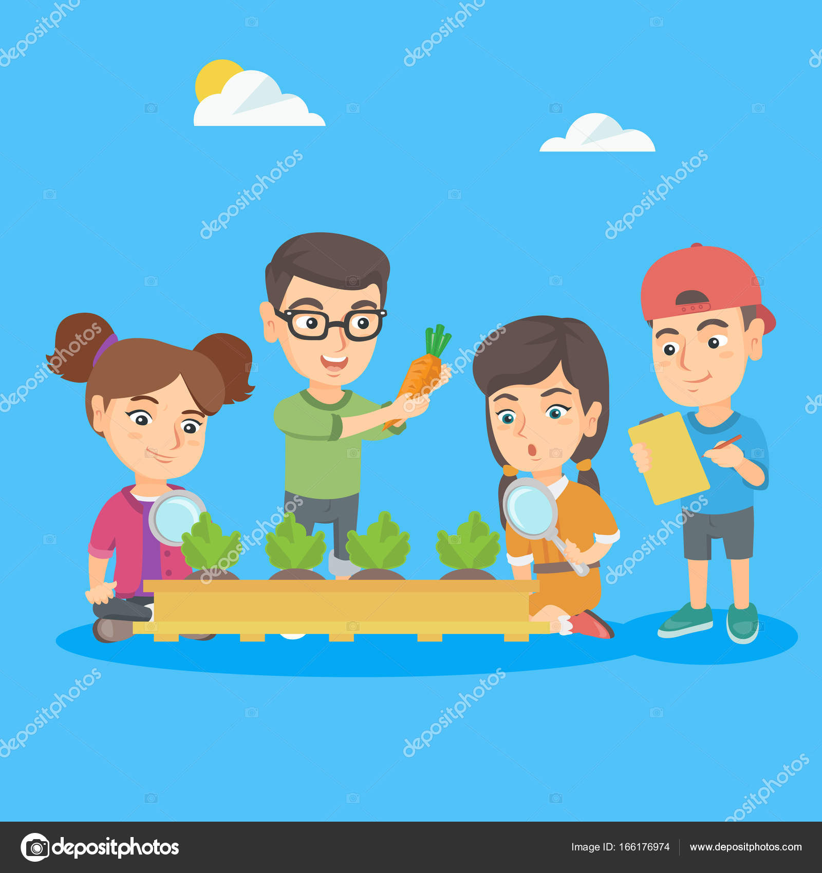 Caucasian school children learning gardening. Stock Vector by  ©VisualGeneration 166176974, image size:963x1024