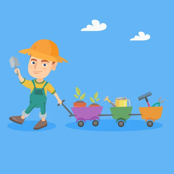 Garçon poussant un chariot avec des plantes et des outils de jardin . — Image vectorielle