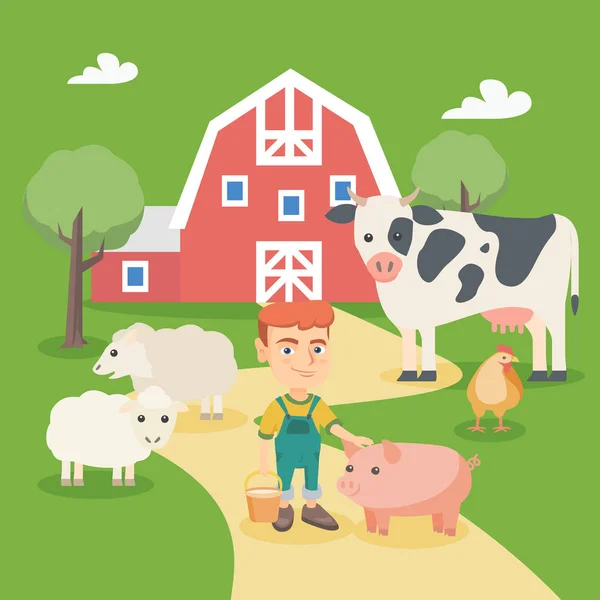 Little caucasian boy with farm animals. — Stock Vector