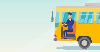 Direksiyon direksiyon başında oturan beyaz veri yolu sürücüsü.