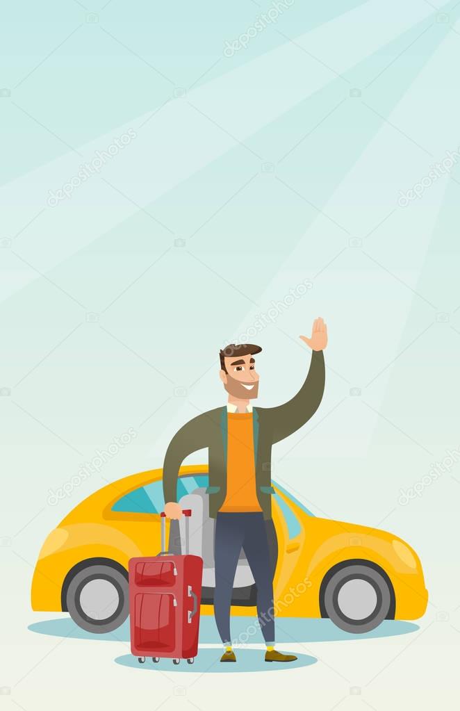 Young caucasian man waving in front of car.