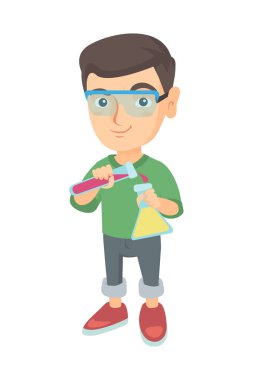 Sıvı bir tüp ve bir şişesi içine dökme çocuk.