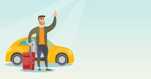 Young caucasian man waving in front of car. — Stock Vector