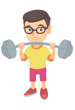 Üzgün beyaz çocuk ağır halter kaldırma.