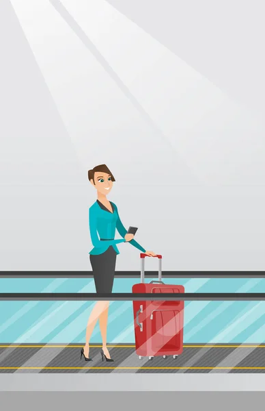 Woman using smartphone on escalator at the airport — Stock Vector