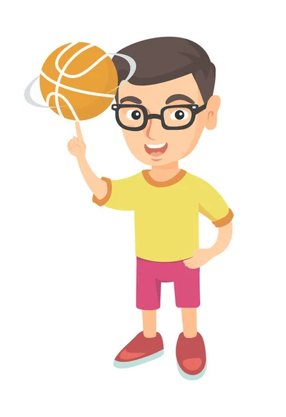 手指上的白人男孩旋转篮球球. — 图库矢量图片