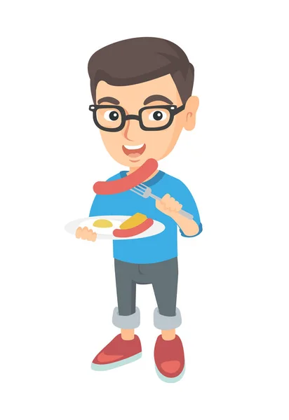 Pojke som äter korv och stekt ägg till frukost. — Stock vektor