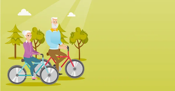 Feliz pareja de ancianos montando en bicicleta en el parque . — Vector de stock