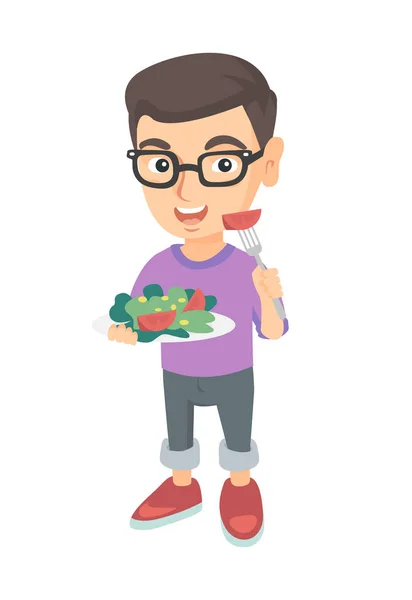 Καυκάσιος αγοράκι τρώγοντας σαλάτα λαχανικών. — Διανυσματικό Αρχείο