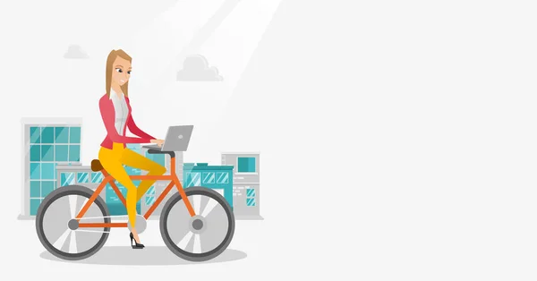 Mujer de negocios montando una bicicleta con un ordenador portátil . — Vector de stock