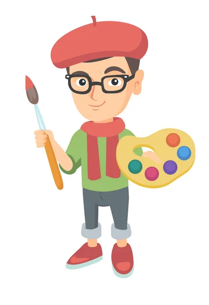 Αγόρι ντυμένος ως καλλιτέχνης κρατώντας πινέλο και τα χρώματα. — Διανυσματικό Αρχείο