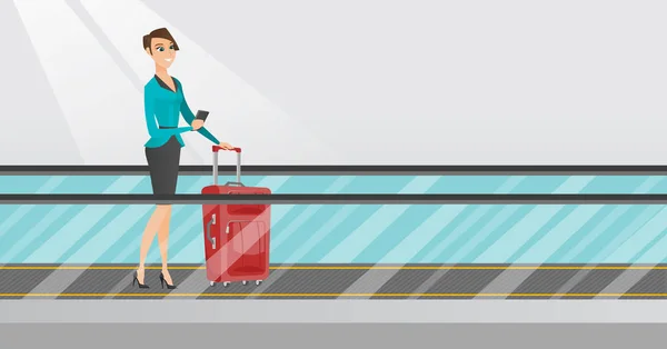 Woman using smartphone on escalator at the airport — Stock Vector