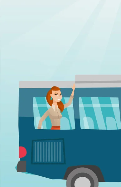 Young caucasian woman waving hand from bus window. — Stock Vector