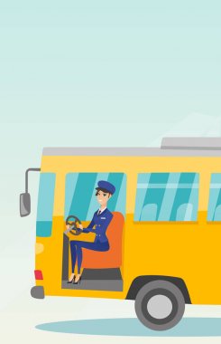 Direksiyon direksiyon başında oturan beyaz veri yolu sürücüsü.