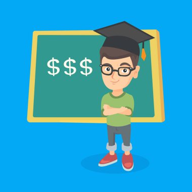 Dolar işareti ile kurulu önünde duran çocuk.