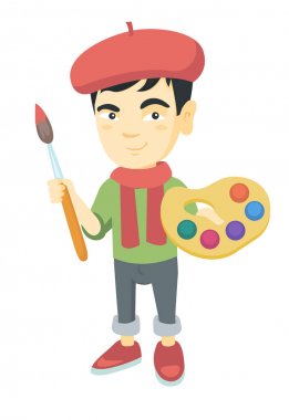 Fırça ve boya tutan bir sanatçı olarak giyinmiş çocuk.