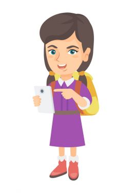 Sırt çantası cep telefonu işaret ile beyaz kız