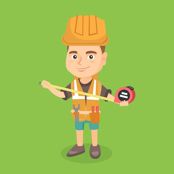 Caucasian boy in hard hat using a measuring tape. — Stock Vector