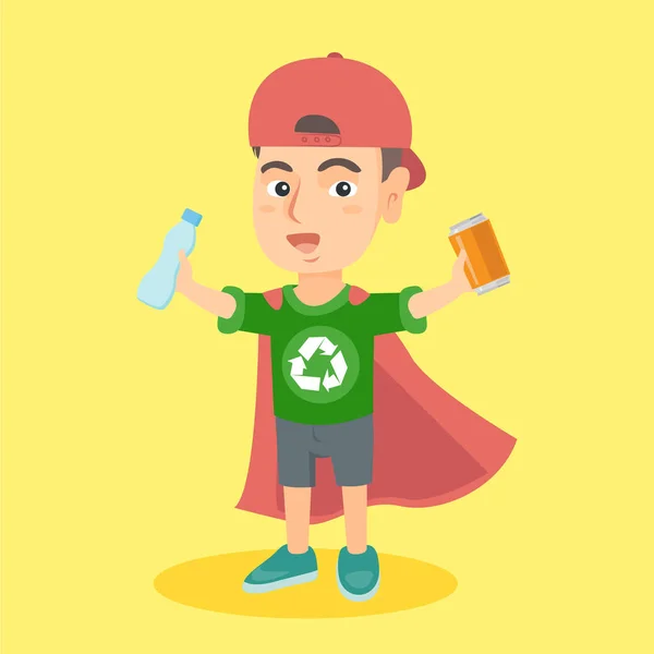 Boy superhero with aluminum tin and plastic bottle — Stock Vector