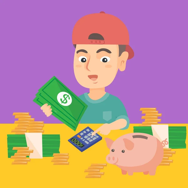 Pequeño chico caucásico contando dinero . — Vector de stock