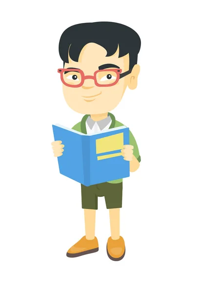 Poco asiático escolar leyendo un libro . — Vector de stock