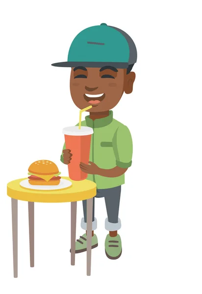 Little boy drinking soda and eating cheeseburger. — Stock Vector