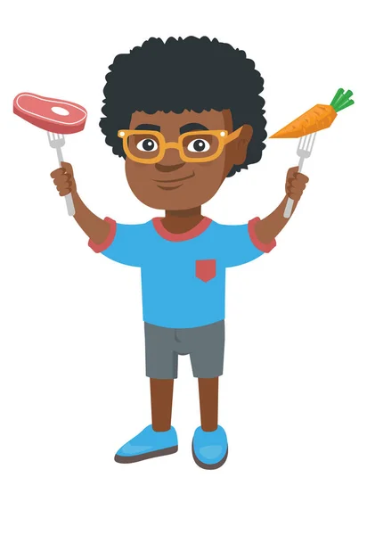 Little african boy holding fresh carrot and steak. — Stock Vector