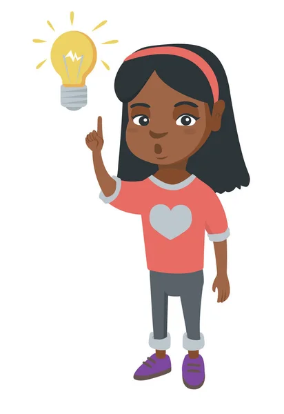 African little girl pointing at the lightbulb. — Stock Vector