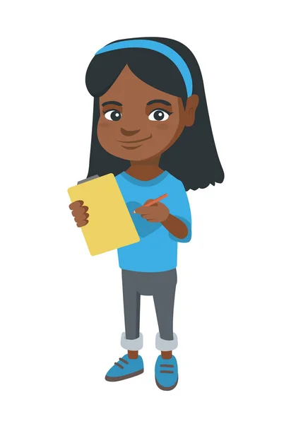 Chica escribiendo en el papel adjunto a un portapapeles . — Vector de stock