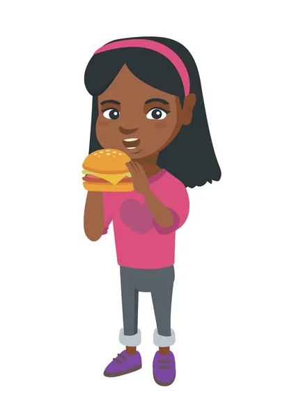 Afro-Amerikaanse meisje eten van een hamburger. — Stockvector