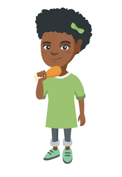 African-american girl eating roasted chicken leg. — Stock Vector