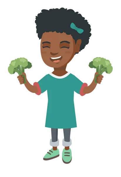 Petite fille africaine riant et tenant du brocoli — Image vectorielle