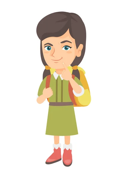 Caucasian little girl with school bag thinking. — Stock Vector