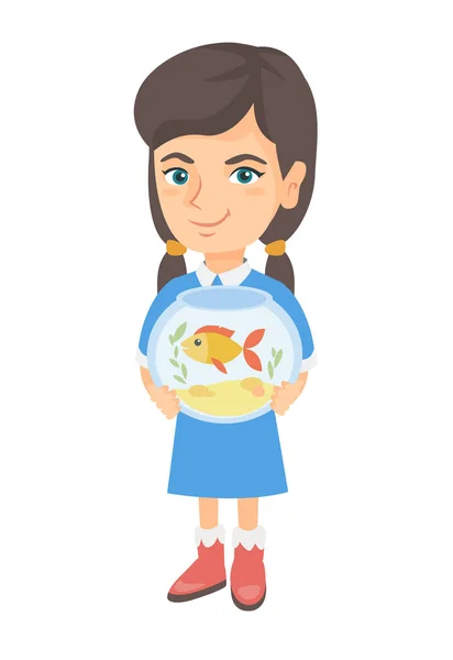 Caucásico chica sosteniendo acuario con goldfish . — Vector de stock