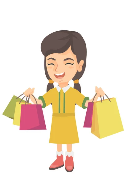 Feliz chica caucásica sosteniendo bolsas de compras . — Vector de stock