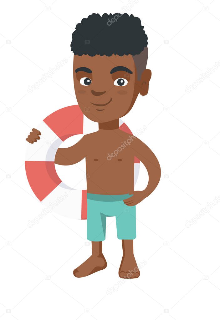 Little african boy holding a red-white lifebuoy.