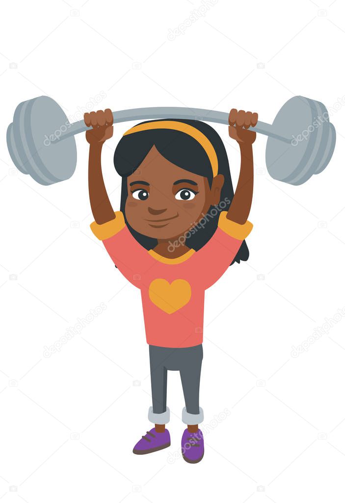 Strong african girl lifting heavy weight barbell.