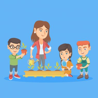 Beyaz öğretmen ve okul çocukları lahanası dikim