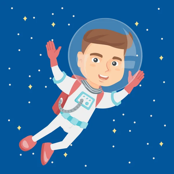 Caucasian astronaut kid in suit flying in space. — Stock Vector