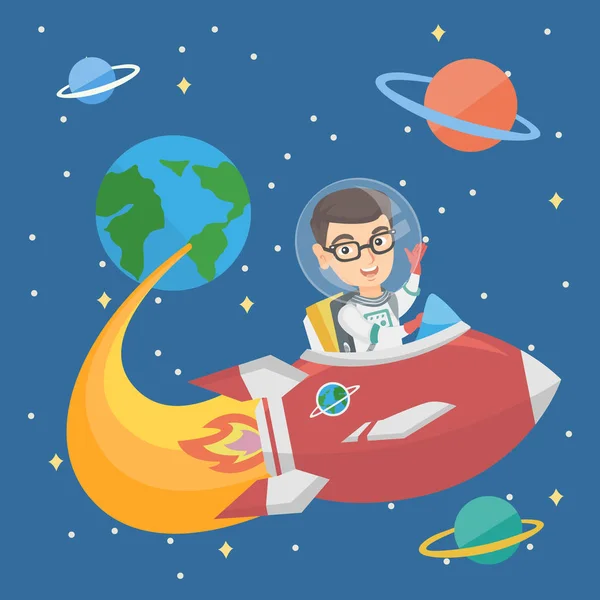 Caucasian smiling boy riding a spaceship. — Stock Vector