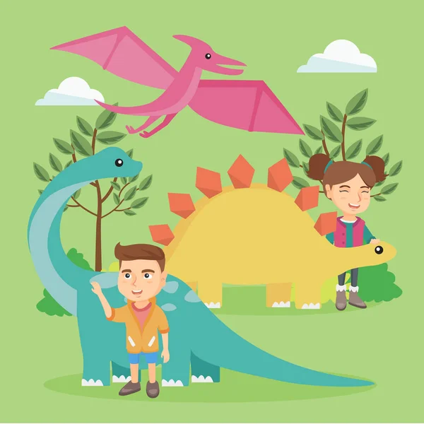 Kaukasiska barn som leker med dinosaurier utomhus. — Stock vektor