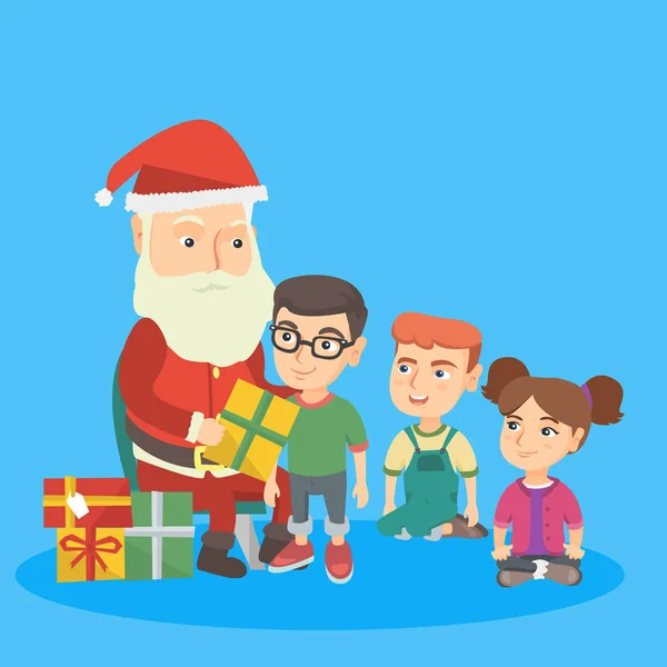 Noel Baba hediye vermek bir grup çocuk için. — Stok Vektör