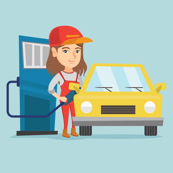 Trabajador caucásico de gasolinera repostando un coche . — Vector de stock