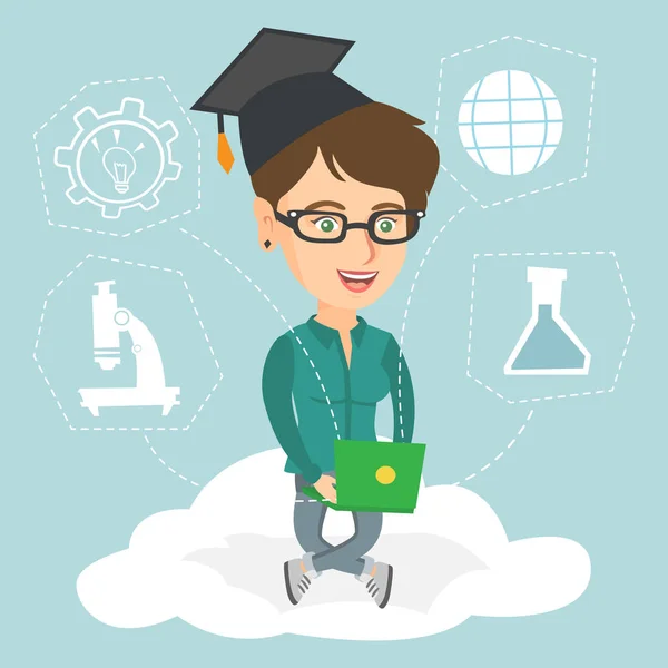 Young caucasian graduate sitting on the cloud. — Stock Vector