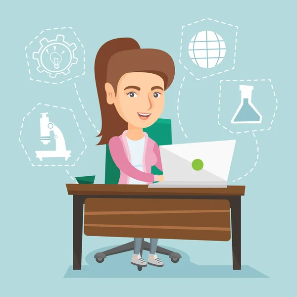 Young caucasian student working on a laptop. — Stock Vector