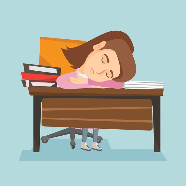 Studente caucasico che dorme sulla scrivania con libri . — Vettoriale Stock