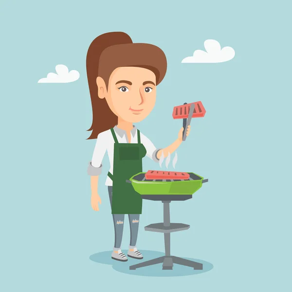 Mulher branca cozinhando bife no churrasco . — Vetor de Stock