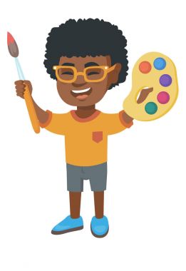 Mutlu çocuk renkli boya ve fırça ile çizim.