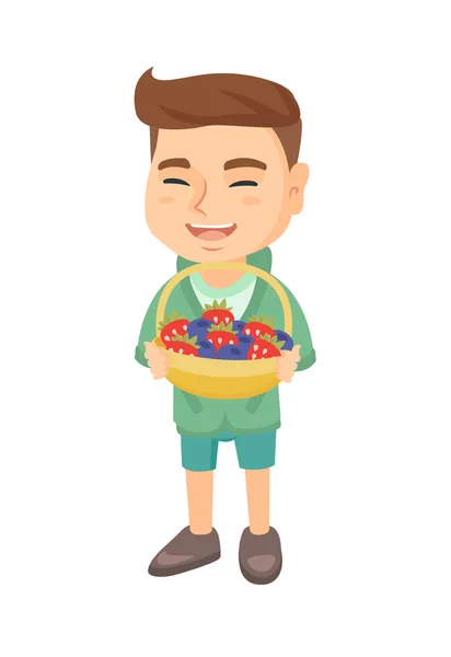 Boy with the basket of strawberry and blueberry. — Stock Vector