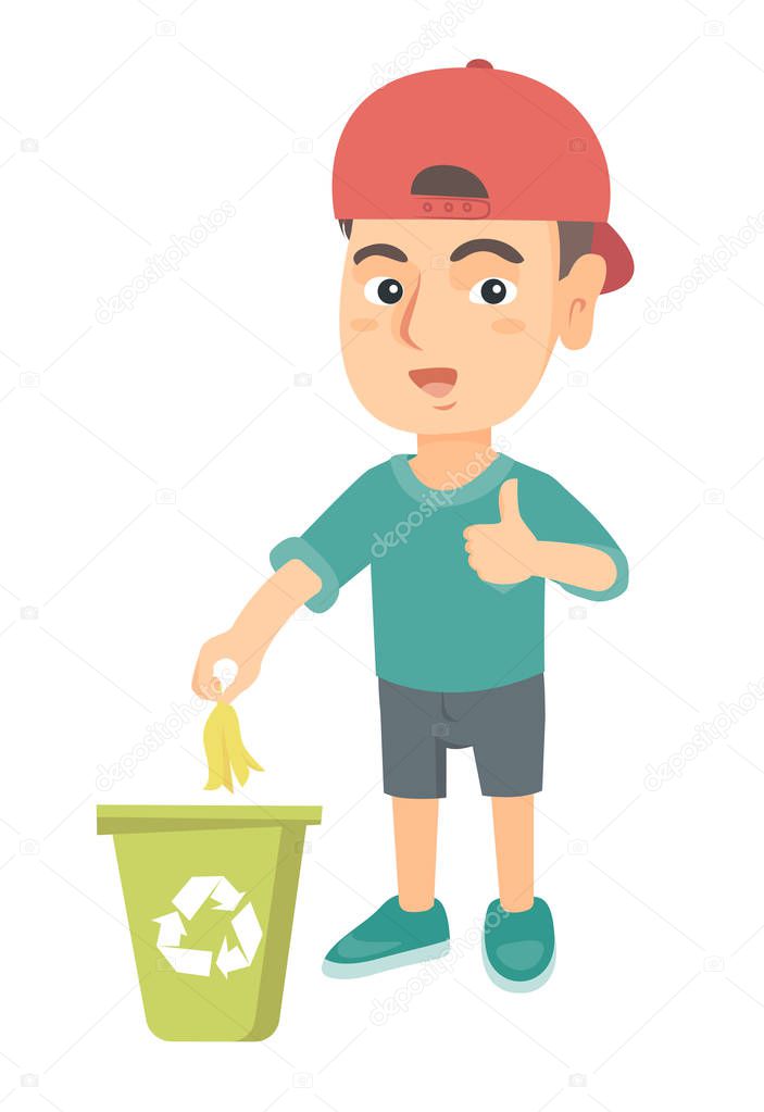 Little boy throwing banana peel in recycling bin.